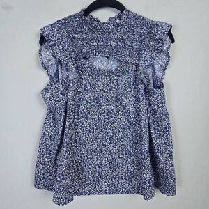 Old Navy Womens Floral Cutout Top Size Small Blue Ruffle Smocked Boho Peasant